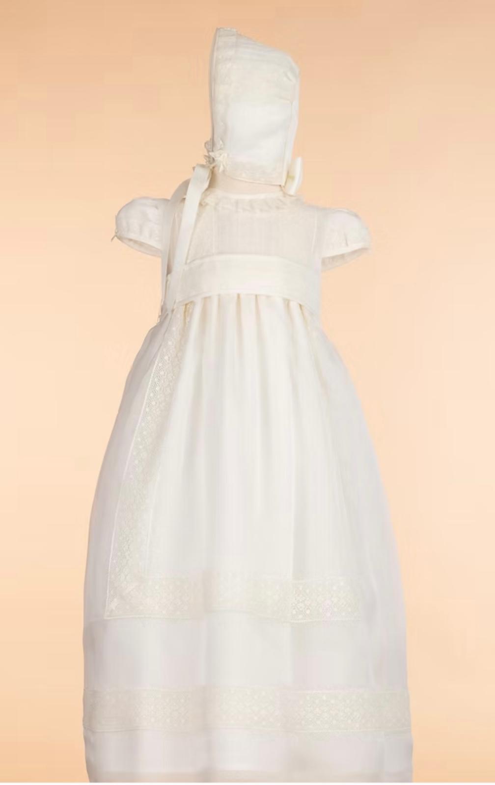 Traditional Christening Gown with Sash and Bonnet