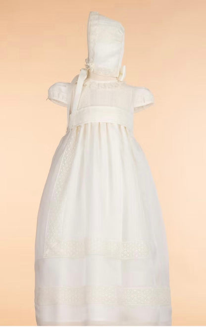 Traditional Christening Gown with Sash and Bonnet
