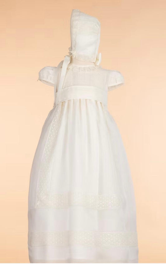 Traditional Christening Gown with Sash and Bonnet