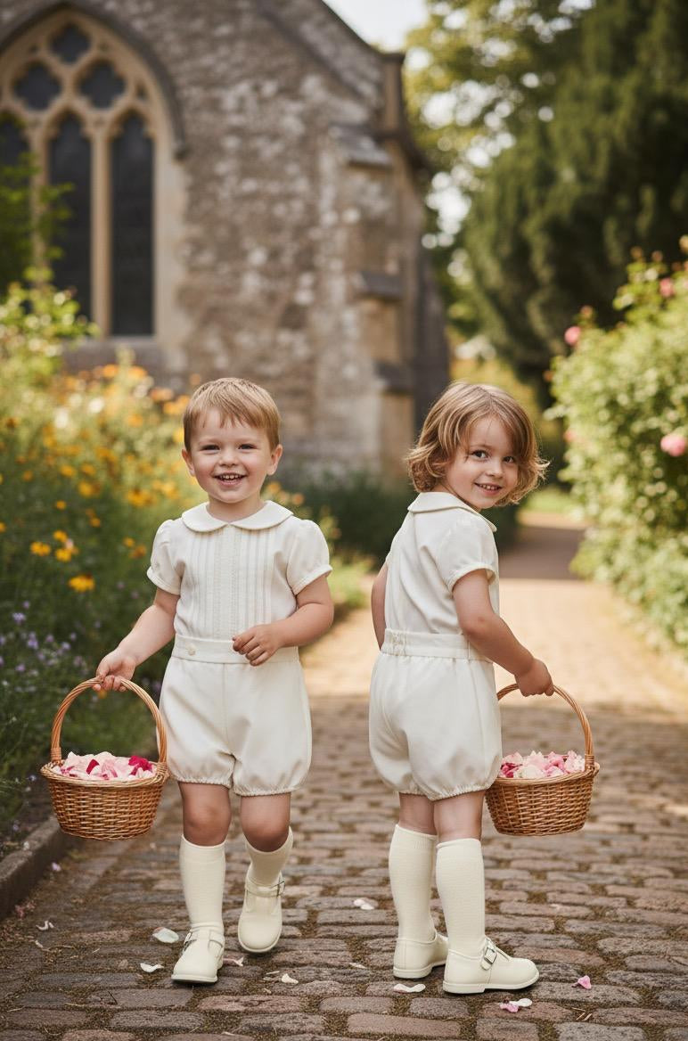 Two children in matching outfits holding baskets outdoors with a stone building and greenery in the background.
