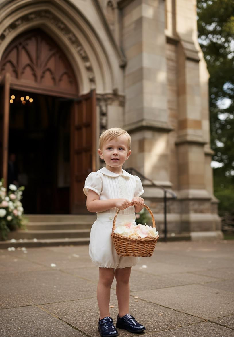 Child holding a basket of flowers in front of a church entrance