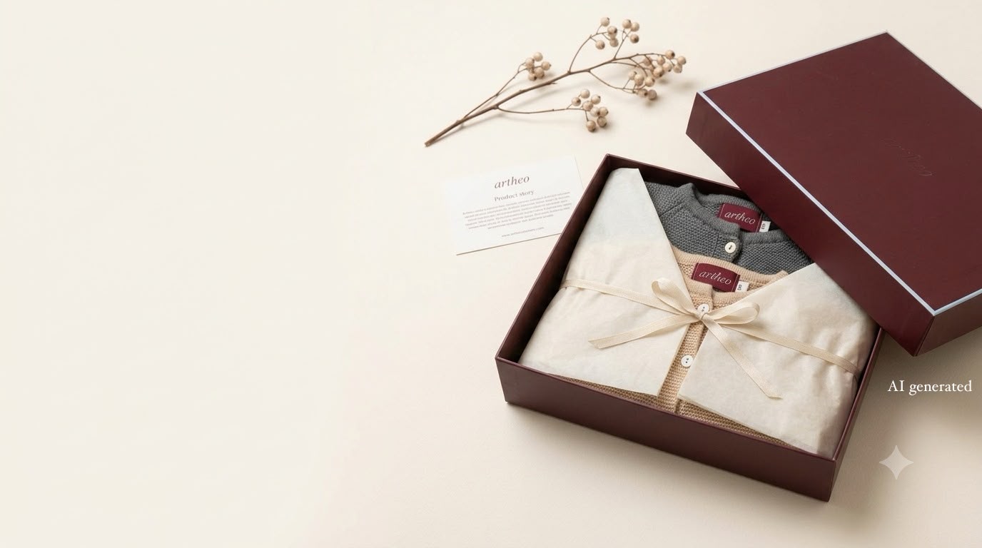 A folded cream-colored garment set inside an open dark brown presentation box, tied with a beige ribbon, with a small card and dried floral stems on a warm cream background.