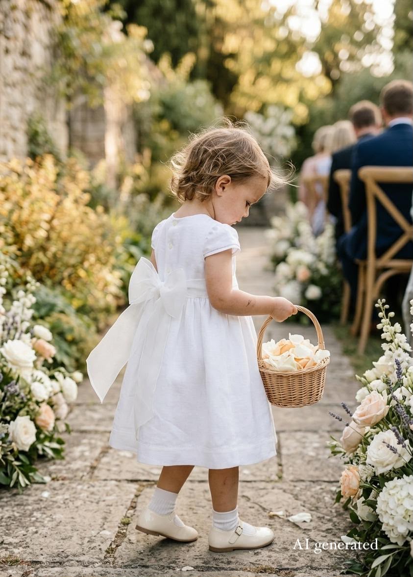 A young girl stands on a stone aisle outdoors, seen from behind, wearing a white sleeveless dress with a large bow on the back and holding a wicker basket of flowers. Bouquets line both sides, and blurred guests and garden foliage are in the background. AI generated