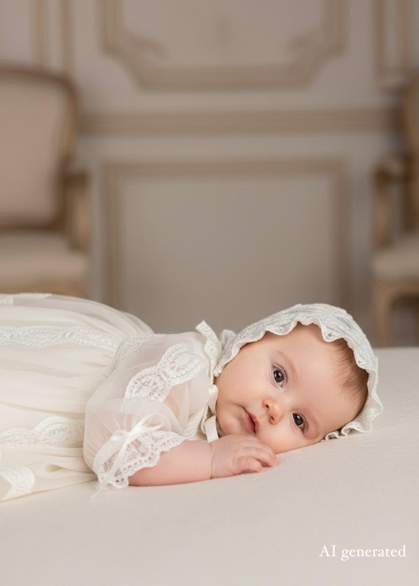 A baby lying on a cream-colored surface, wearing a matching cream lace bonnet and long-sleeve baby dress. The background is a softly blurred, elegant cream-colored interior with classical wall molding and chairs. AI Generated.