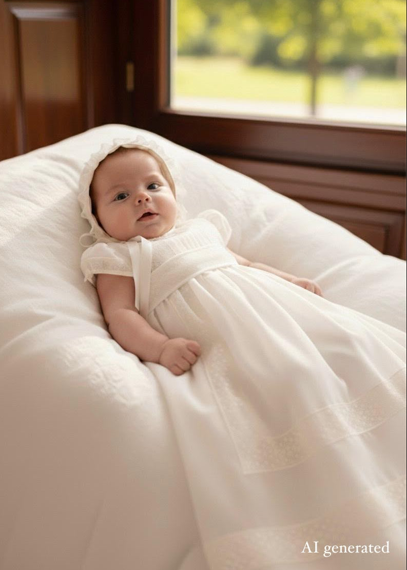 A baby wearing a white first communion dress and matching bonnet, lying on a white cushioned bed in a warm indoor setting with a window in the background. The image has an 'AI generated' watermark in the bottom right corner.