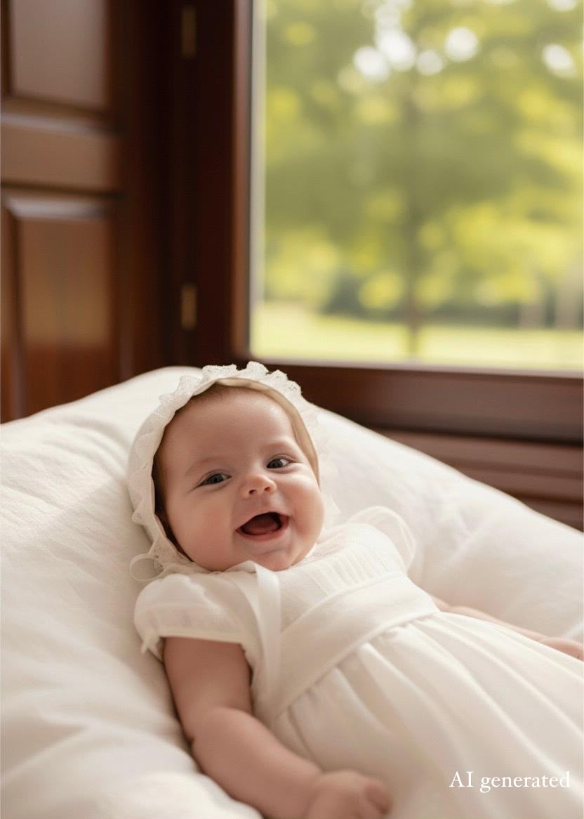 A smiling baby lying on white bedding, wearing a white short-sleeve Christening gown and matching bonnet, with a softly blurred window and greenery in the background. An 'AI generated' watermark appears in the bottom right corner.
