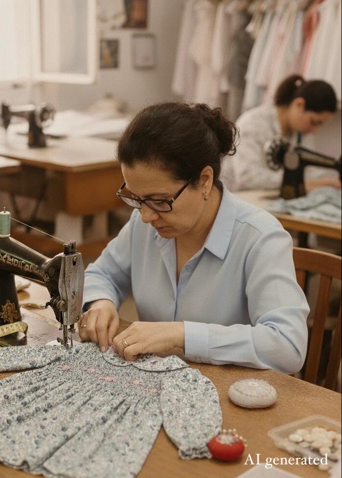 A woman wearing glasses sits at a wooden table in a sewing room, working on a light blue and white floral patterned garment. An antique-style black sewing machine is on the table next to her, with other sewing activities and garments visible in the softly lit background.
